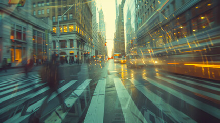Obraz premium Busy street scene in City with blurred motion of yellow taxis and pedestrians during a rainy afternoon.