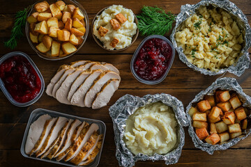 Cozy rustic scene of Thanksgiving leftovers on a wooden table, featuring turkey slices, mashed potatoes, stuffing, and cranberry sauce in mismatched containers covered with foil. 