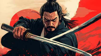 Warrior or samurai in an action pose, holding a sword with an intense expression. Samurai Duel. Illustration