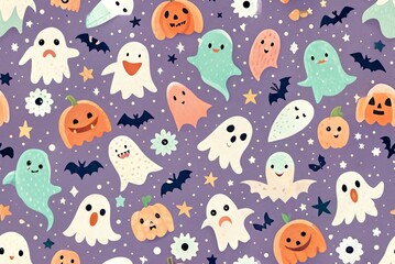 Vector postcard with cute pastel halloween doodle ghosts. Hand drawn magic characters for kids. Cartoon elements for card, poster, invitation design