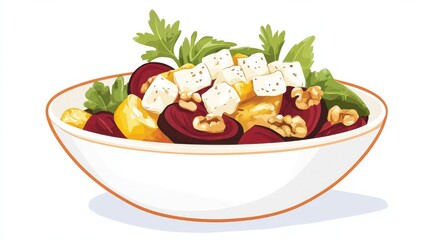 A bowl of beetroot salad with goat cheese and walnuts, flat color illustration