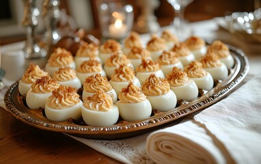 Elegant tray of deviled eggs with paprika garnish at a formal dinner setting