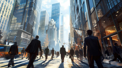 Business professionals walk through a bustling urban street in a modern city during late afternoon hours