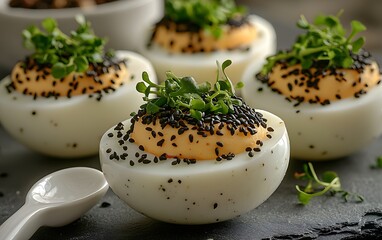 Gourmet deviled eggs with microgreens and black sesame garnish