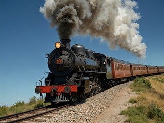Vintage steam locomotive pulling a passenger train under a blue sky.