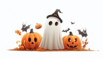 Ghost with Pumpkins and Bats for Halloween