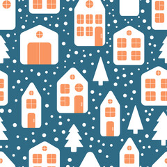 White houses seamless pattern. Minimalist buildings with Christmas trees. Scandinavian village on blue background.