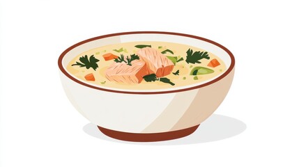 A bowl of soup with meat and vegetables, digital painting, salmon, flat color, digital illustration poster