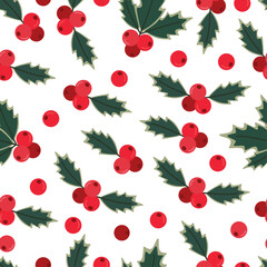 Holly berry seamless pattern. Christmas decoration element. Winter greenery. Leaves with red berries on white background. 