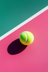 Minimalist abstract tennis ball on the court, with a pastel pink and green color palette, geometric...