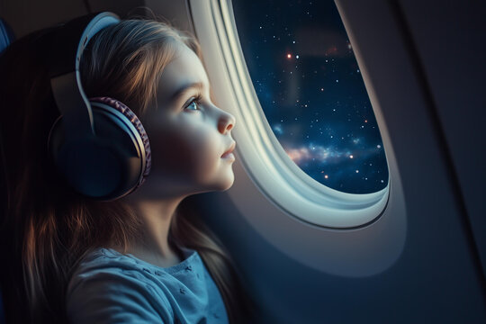 girl wearing headphones gazes out the window of an airplane, against the backdrop of a night sky. Side view