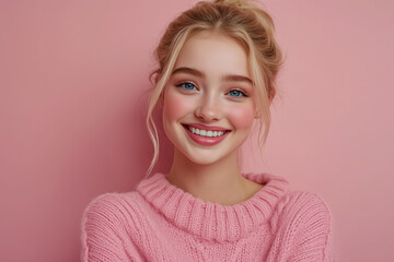 Fototapeta premium beautiful blue eyed blonde young woman wearing knited vibrant pink sweather is smiling on camera, isolated on pastel solid smooth pink background