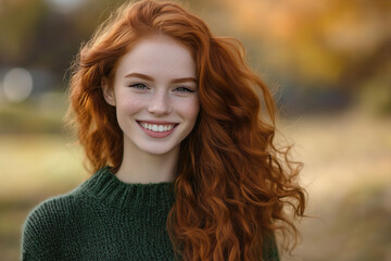 Fototapeta premium beautiful young redhead wavy red woman smiling candid , wearing vibrant brat green color knitted sweater isolated on a autumn park blurred background
