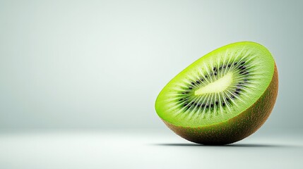 Half a Kiwi: A close-up of a fresh, juicy kiwi fruit, sliced in half, revealing its vibrant green flesh and black seeds. The simple composition and soft lighting create a clean, contemporary feel.