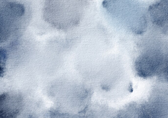 Watercolor cloudy blue background. Hand drawn foggy design of overcast, rainy sky. Ocean or water illustration for brochures and wallpapers.