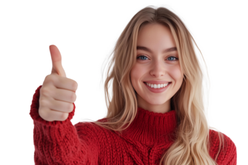 beautiful blue eyed blonde young woman wearing knited vibrant red sweather is smiling and showing thumb up on camera, isolated on background, png 