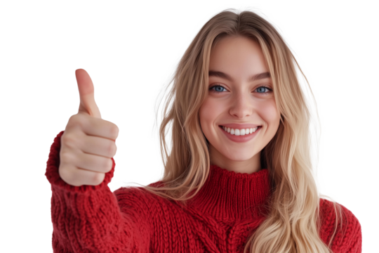 beautiful blue eyed blonde young woman wearing knited vibrant red sweather is smiling and showing thumb up on camera, isolated on background, png  - Powered by Adobe