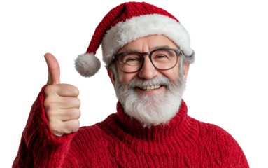 candid and kind senior man with a grey beard and glasses, wearing casual knited vibrant red sweather and santa clause hat is smiling and showing thumb up on camera, isolated on  background