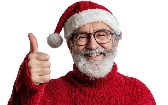 candid and kind senior man with a grey beard and glasses, wearing casual knited vibrant red sweather and santa clause hat is smiling and showing thumb up on camera, isolated on  background - Powered by Adobe