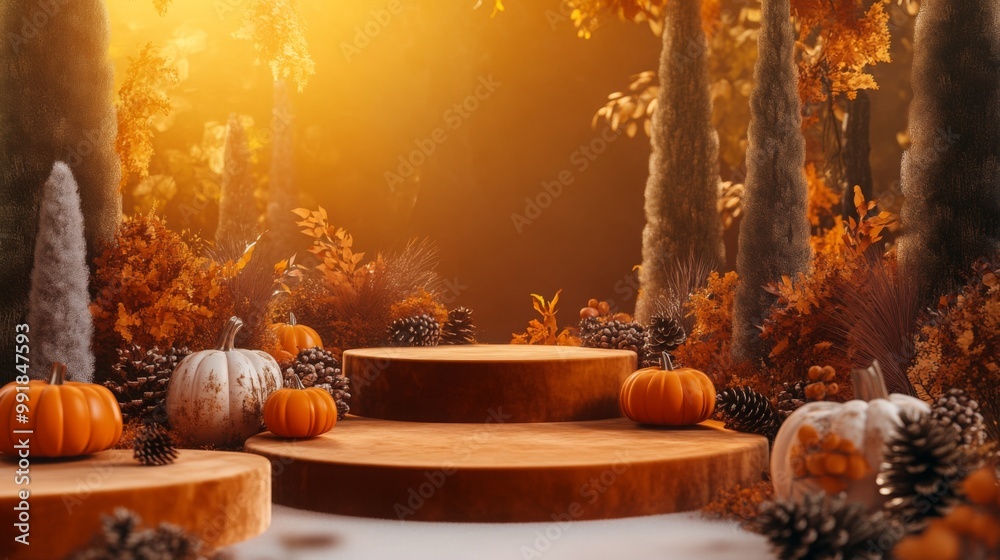 Poster the sun casts a warm glow over a serene forest setting featuring steps surrounded by vibrant autumn 