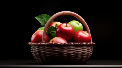 Fresh Harvest Basket: A rustic woven basket overflowing with vibrant red and green apples, their glossy skin reflecting the warm glow of the setting sun. A single green leaf peeks out from the basket.