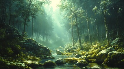 Obraz premium A serene forest scene with a winding river flowing through the trees. The sunlight filters through the leaves, casting a soft glow on the landscape.