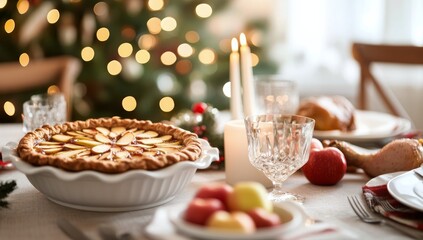 A festive holiday dinner featuring an apple pie and a beautifully decorated table setting
