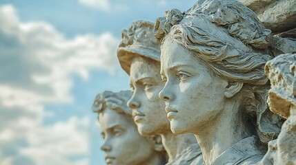 Naklejka premium Close Up of Stone Sculpture of a Woman Face with Blue Sky in Background