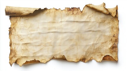 ancient parchment scroll unfurled against white background weathered texture and frayed edges lend authenticity blank surface ready for text overlay perfect for historical or fantasy concepts