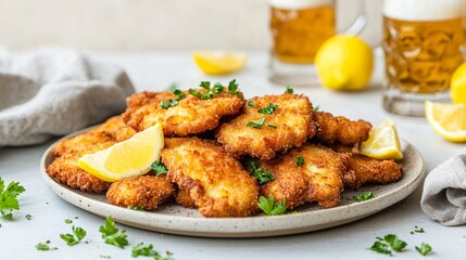 A plate of crispy schnitzel with lemon wedges, isolated on a light beige background with Oktoberfest beer steins in the distance