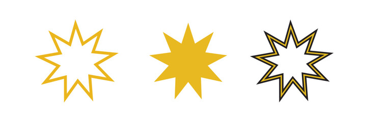 Bahai icon set. nine pointed baha vector symbol. persian star sign in black filled and outlined style.