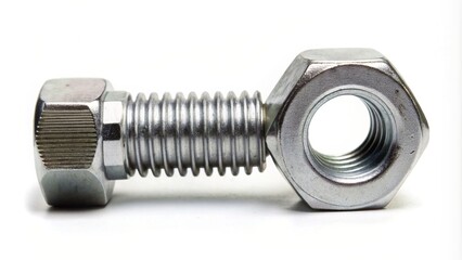 Bolt and nut isolated on a white background presenting a panoramic view, metallic, repair, isolated on white, mechanics, panoramic view, metal, engineering, white background, chrome