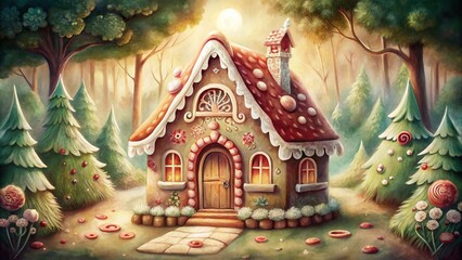 Fototapeta premium Title: Charming gingerbread house in an enchanted forest, cozy fairytale Christmas scene