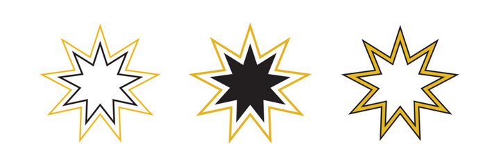 Obraz premium Bahai icon set. nine pointed baha vector symbol. persian star sign in black filled and outlined style.
