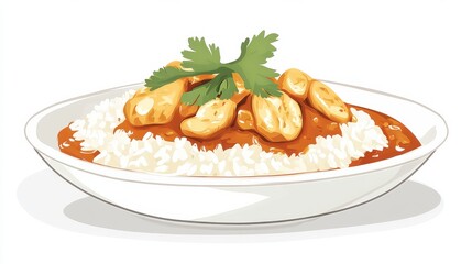 A plate of chicken tikka masala with rice, flat color illustration