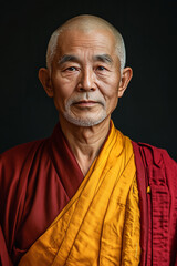 Obraz premium A 50 year old Chinese monk wearing a red and yellow robe stands with his face facing straight ahead