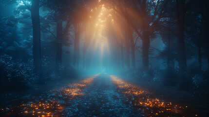 Twilight Dark Forest with Glowy Road and Sunlight Shining through the Trees