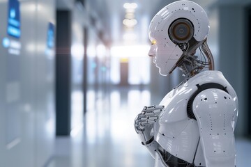 White robot is sad in the hallway