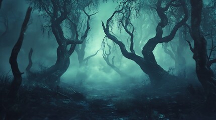 Obraz premium Twisted trees stand in a foggy, moonlit forest.