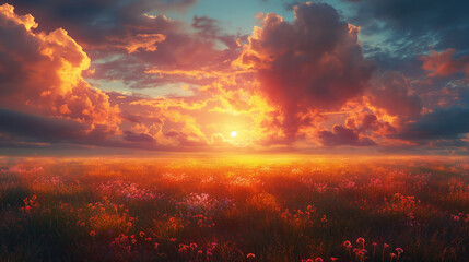 Field and Cloudy Sky at Sunset