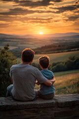 A man and his young son sitting on a stone wall, both with their backs to the camera