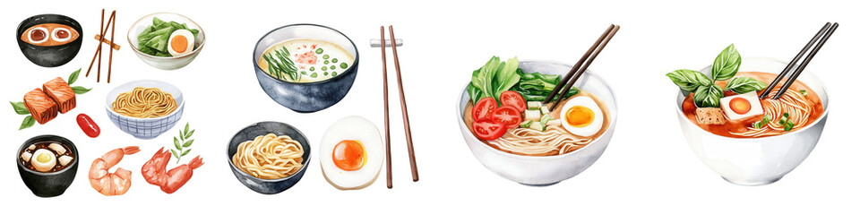 A variety of delicious ramen dishes, garnished with vegetables and seafood, isolated on a white background.