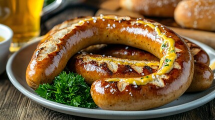 A plate of weisswurst sausages with pretzel and mustard, set against a soft wooden table background in a beer tent