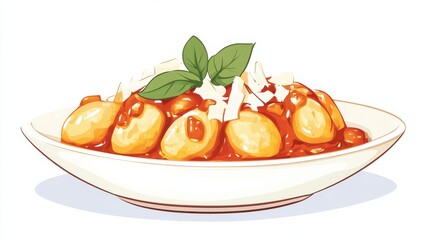 A plate of gnocchi with tomato sauce and parmesan, flat color illustration