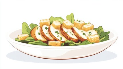 A plate of grilled chicken Caesar salad with romaine and croutons, flat color illustration