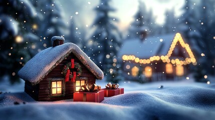 Christmas background with winter landscape and house