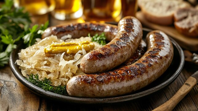 A platter of bratwurst sausages with mustard and sauerkraut, placed on a warm-toned wooden table background in a bustling beer hall