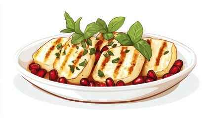 A plate of grilled halloumi with pomegranate seeds and mint, flat color illustration