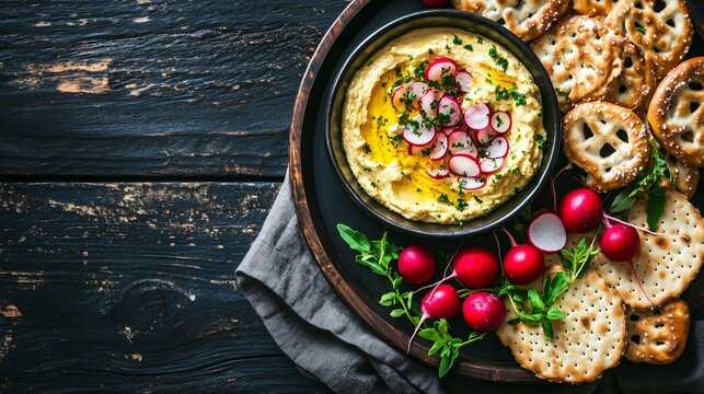 A platter of obatzda cheese spread with radishes and pretzel, placed on a dark wooden table for a classic Oktoberfest snack scene