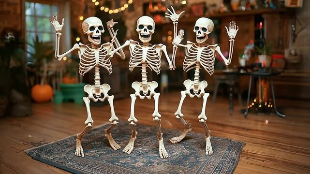 Skeletons dancing and having fun at a Halloween party